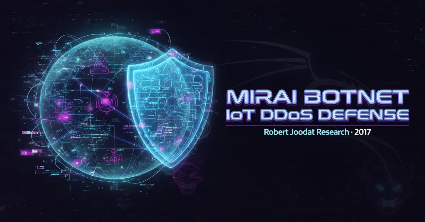 Mirai Botnet & IoT DDoS Defense | Robert Joodat Research Mirai Botnet & IoT DDoS Defense research card — Robert Joodat cyber security paper on IoT botnet mitigation